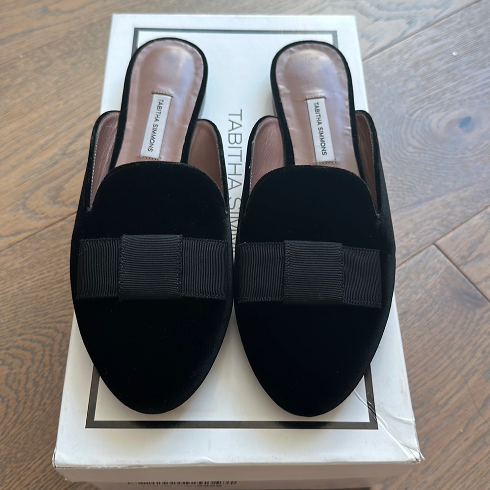 Tabitha Simmons' Masha Velvet Slip-On Mules with Grosgrain Bow